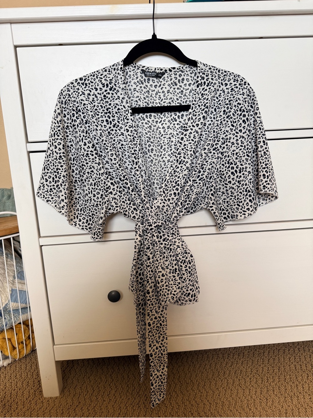 White and Black Leopard Print Tie-Front Blouse